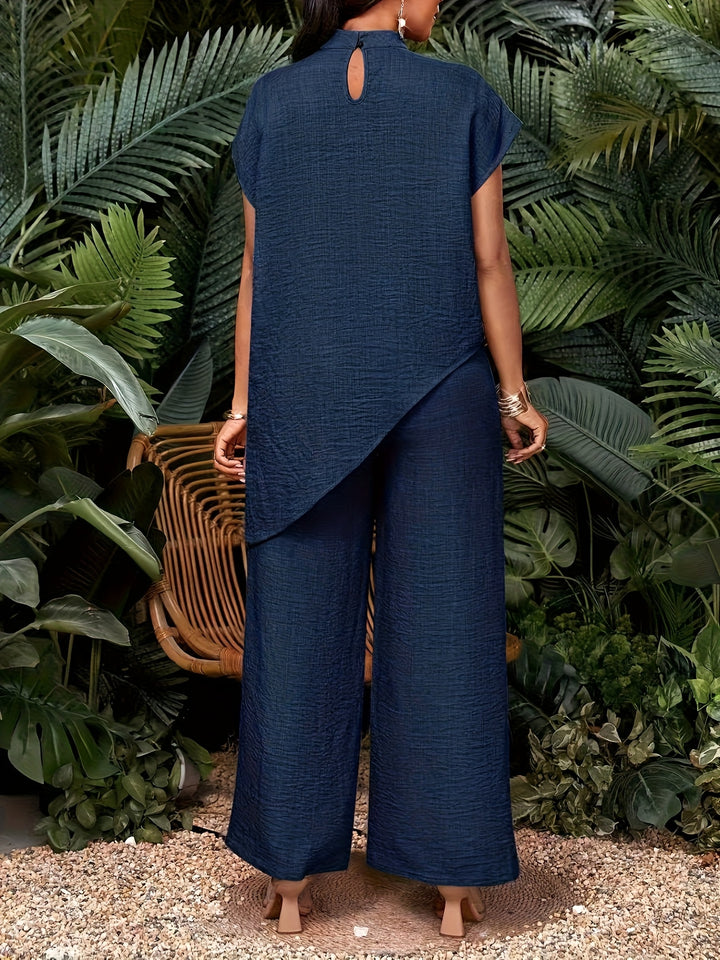 Women's Casual Solid Color Asymmetrical Hem Top and Pants Set