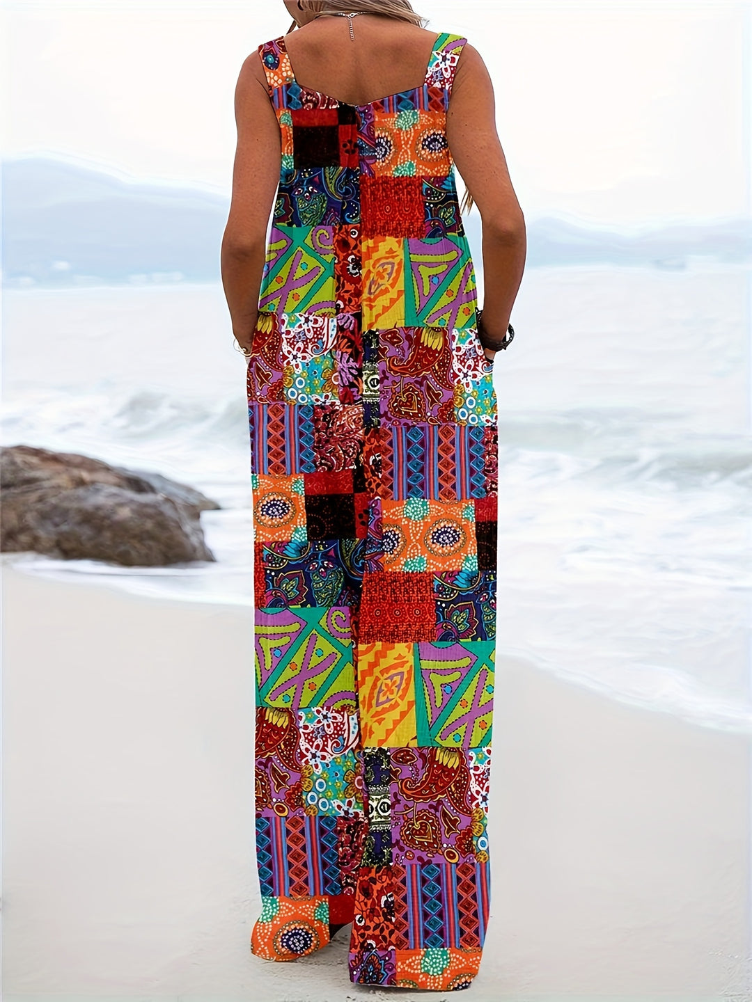 Women’s Boho Chic Blend Jumpsuit with Pockets - Tropical Print Wide Leg Overalls