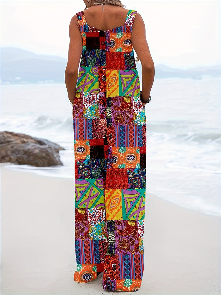Women’s Boho Chic Blend Jumpsuit with Pockets - Tropical Print Wide Leg Overalls