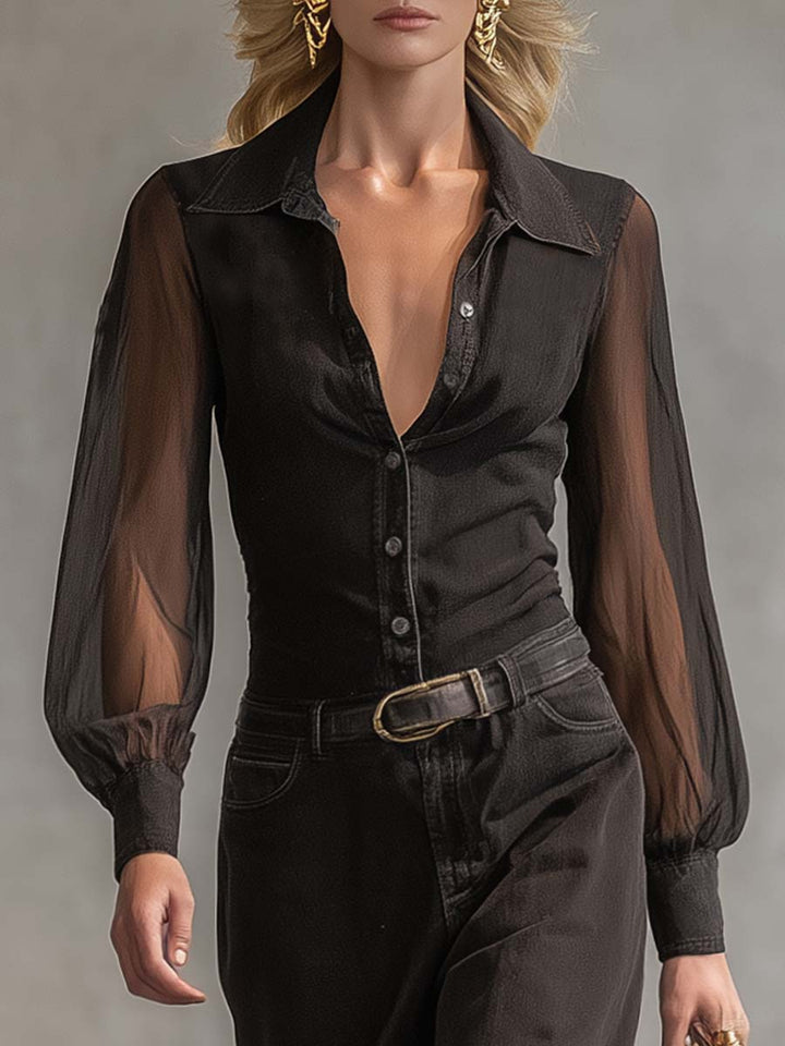 Vintage Western Front Button V-Neck Transparent Long Sleeve Black Denim Maxi Dress