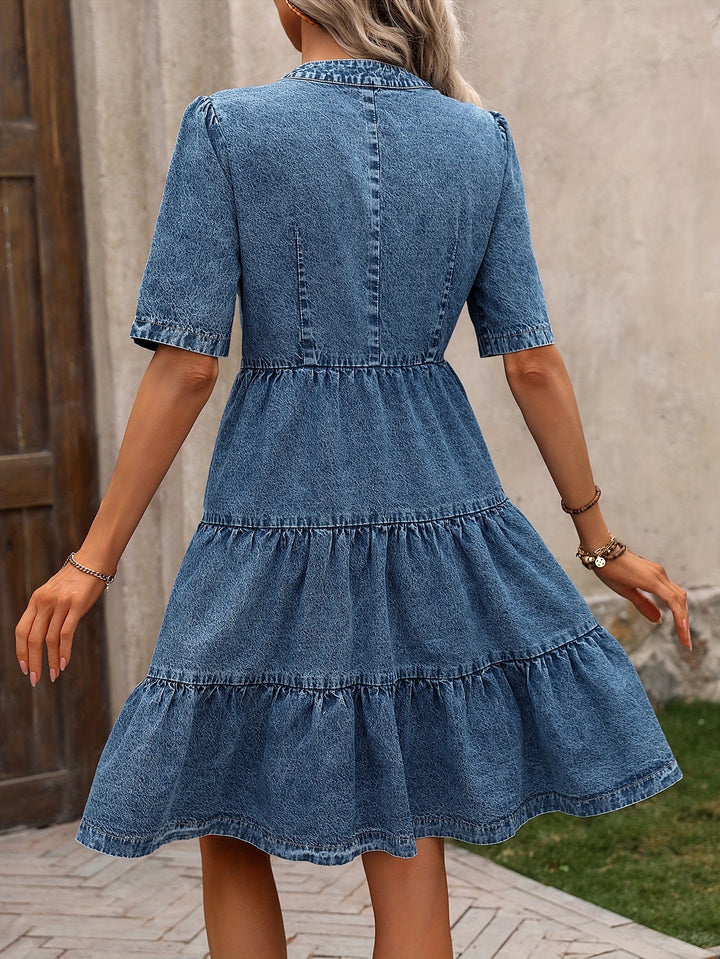 Medium-Length V-Neck Open Front Short Sleeve Denim Dress