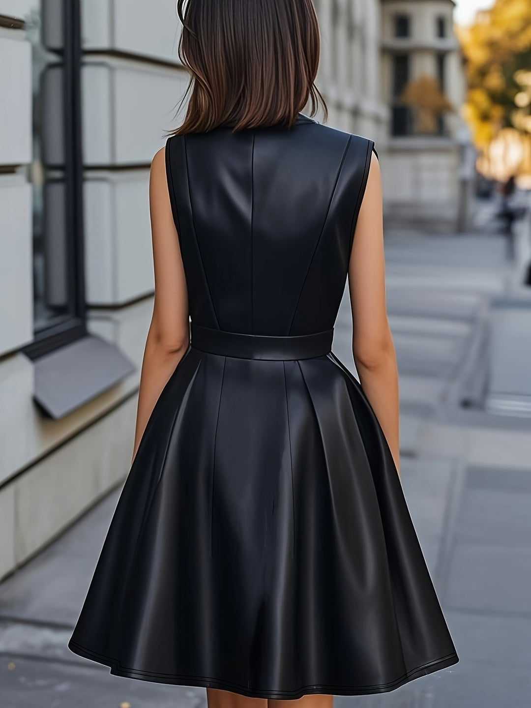 Elegant Solid Color V-Neck Waist-Cinching A-Line Dress