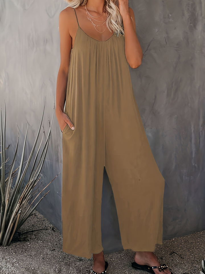 Women’s Sleeveless Jumpsuit with Pockets - Casual Polyester Knit Fabric, V-Neck