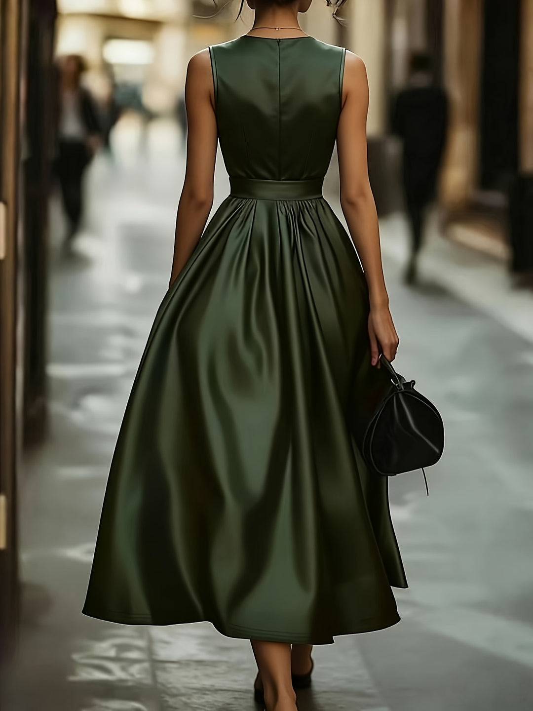 Olive Green Satin V-Neck Sleeveless A-Line Dress