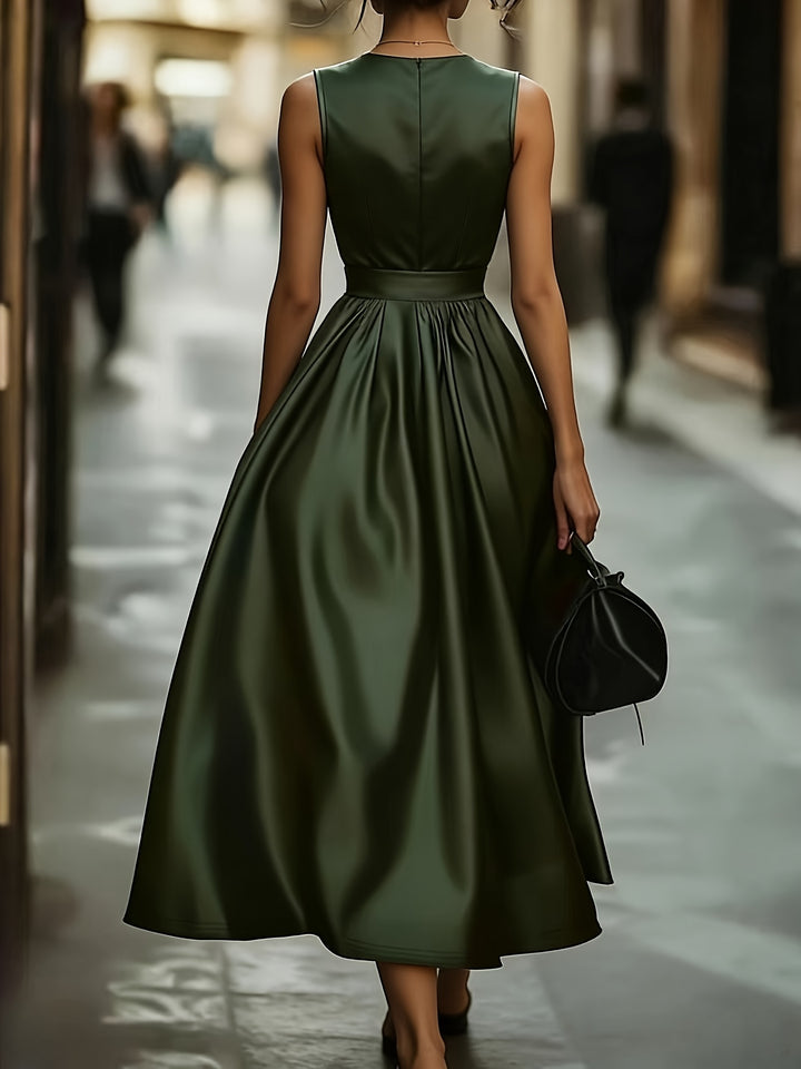Olive Green Satin V-Neck Sleeveless A-Line Dress