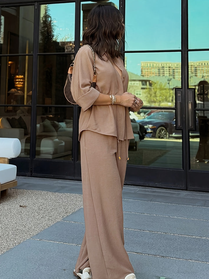 Women's Casual Button Shirt & Wide Leg Pants Set