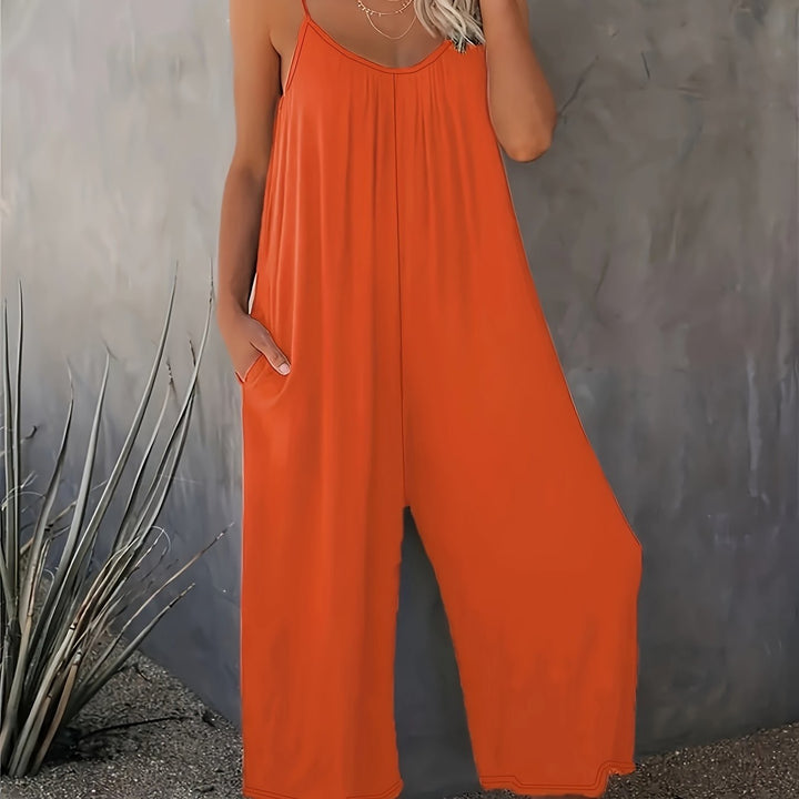 Women’s Sleeveless Jumpsuit with Pockets - Casual Polyester Knit Fabric, V-Neck