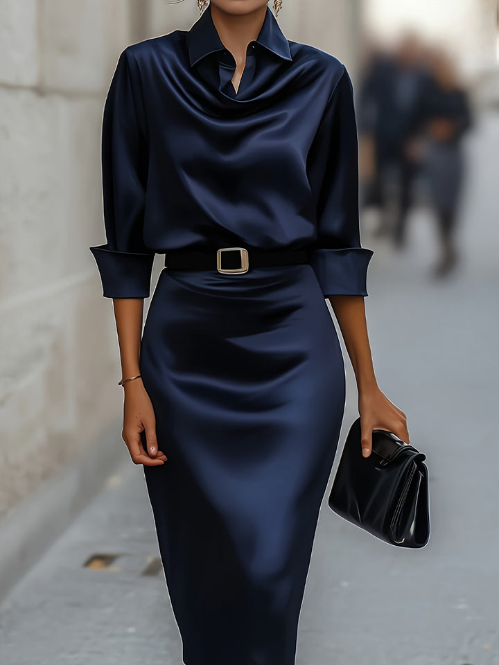 Elegant Satin Lapel Waist-Cinching Slim Dress