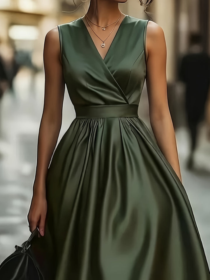Olive Green Satin V-Neck Sleeveless A-Line Dress