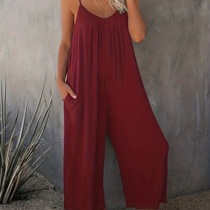Plus Size Basic Jumpsuit, Women's Plus Solid V Neck Wide Leg Summer Cami Jumpsuit