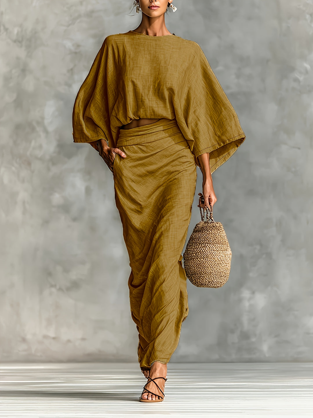 Women's Bat Sleeve Crop Top & Midi Skirt Set