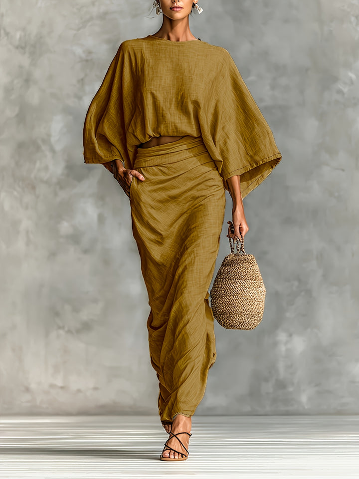 Women's Bat Sleeve Crop Top & Midi Skirt Set