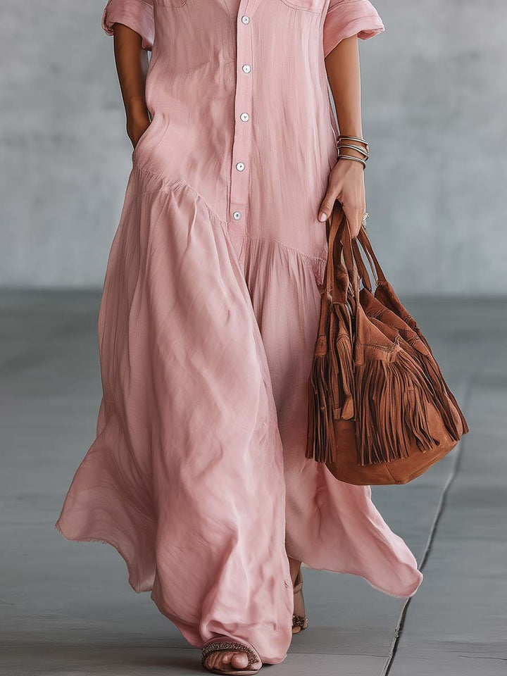 Western V-neck Front Button Maxi Dress