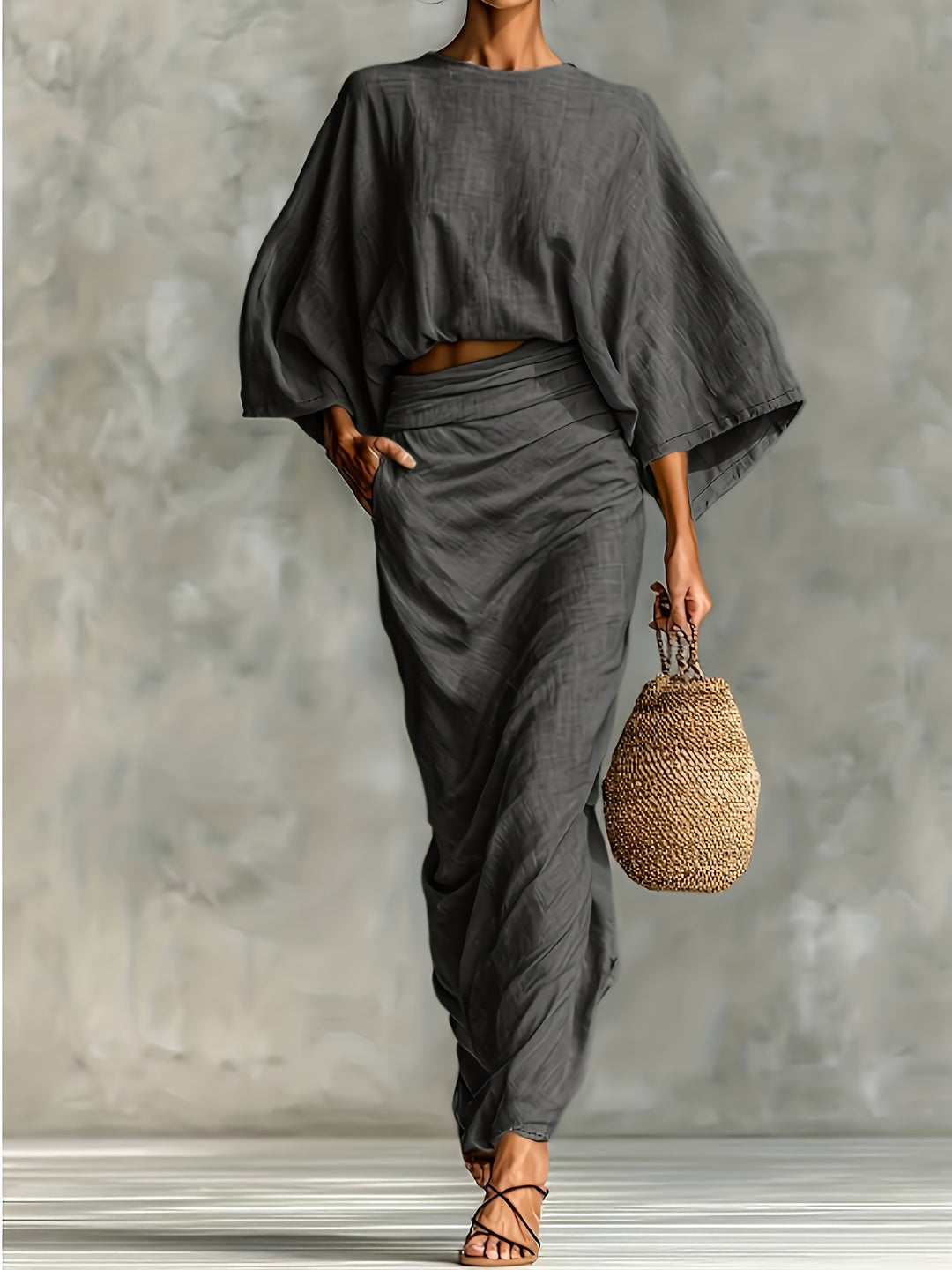 Women's Bat Sleeve Crop Top & Midi Skirt Set