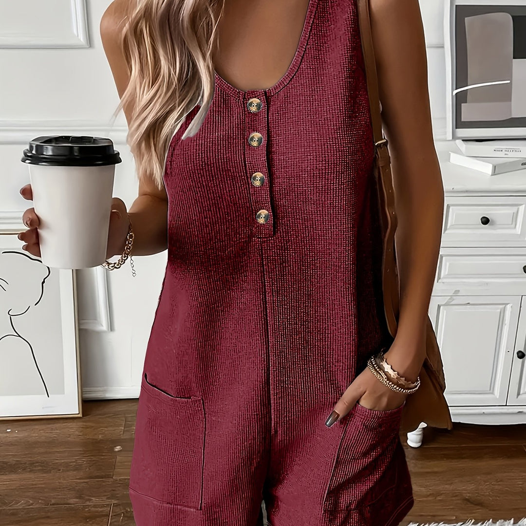 Button Front Sleeveless Romper Jumpsuit with Pockets - Casual Solid Color Summer Wear