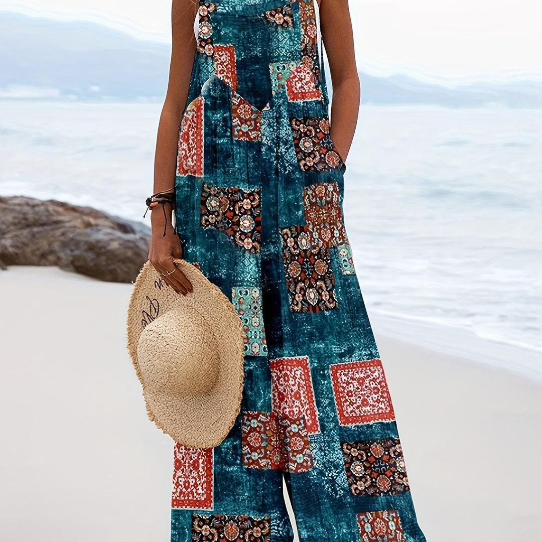 Women’s Boho Chic Blend Jumpsuit with Pockets - Tropical Print Wide Leg Overalls