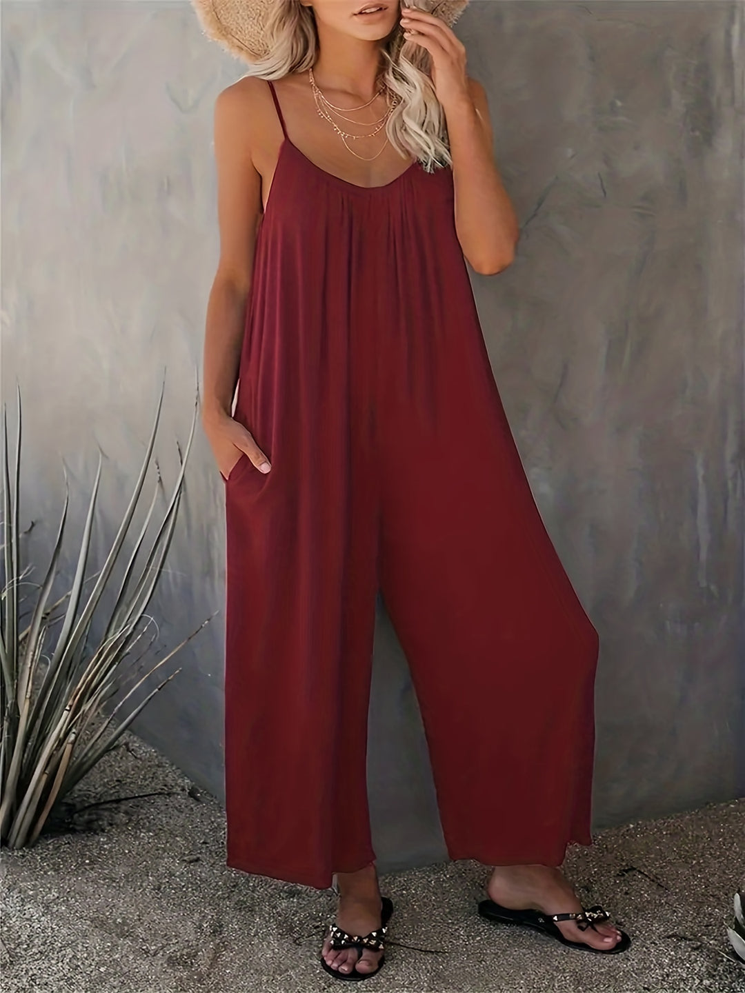 Plus Size Basic Jumpsuit, Women's Plus Solid V Neck Wide Leg Summer Cami Jumpsuit