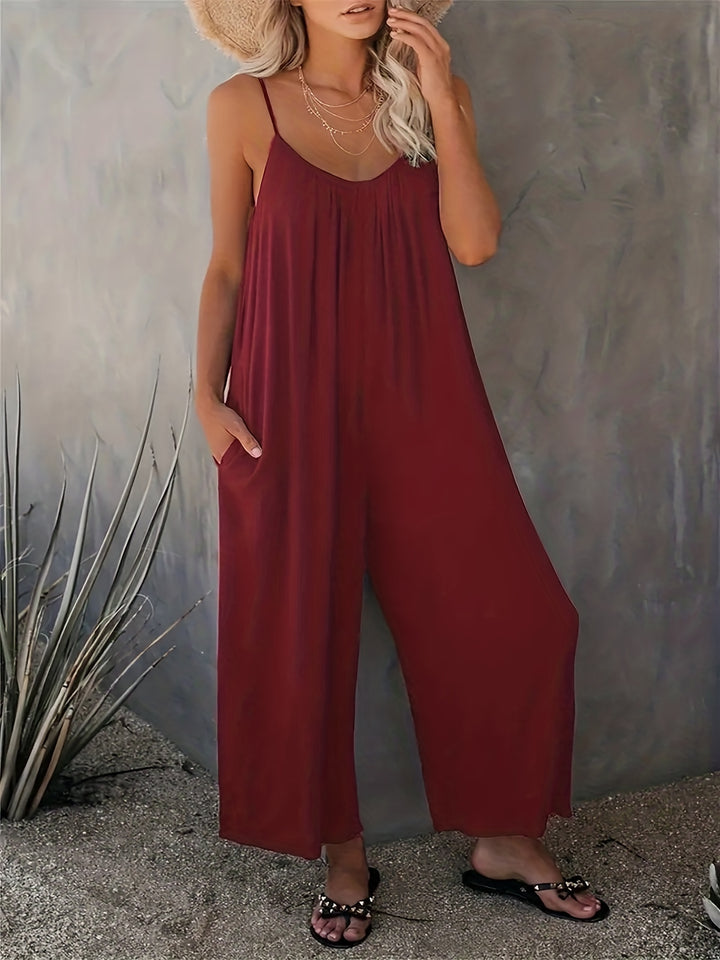 Plus Size Basic Jumpsuit, Women's Plus Solid V Neck Wide Leg Summer Cami Jumpsuit