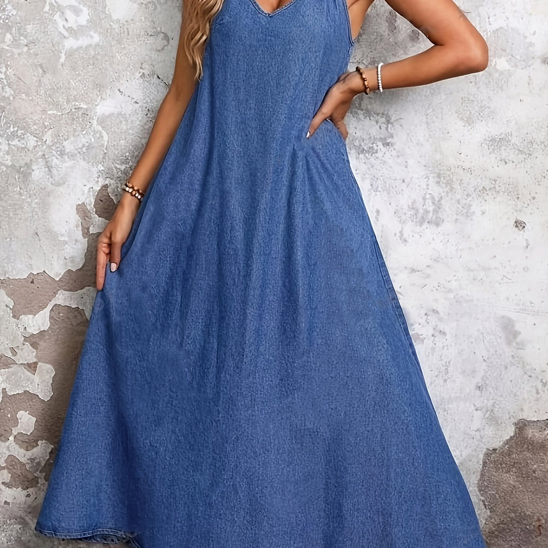 Women's Faux Denim V-Neck Long Dress