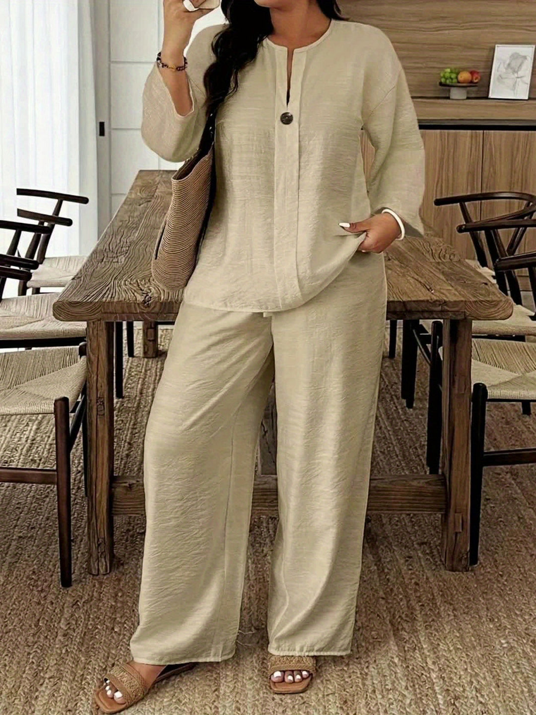 Plus Size Long Sleeve Shirt & Loose Pants Set