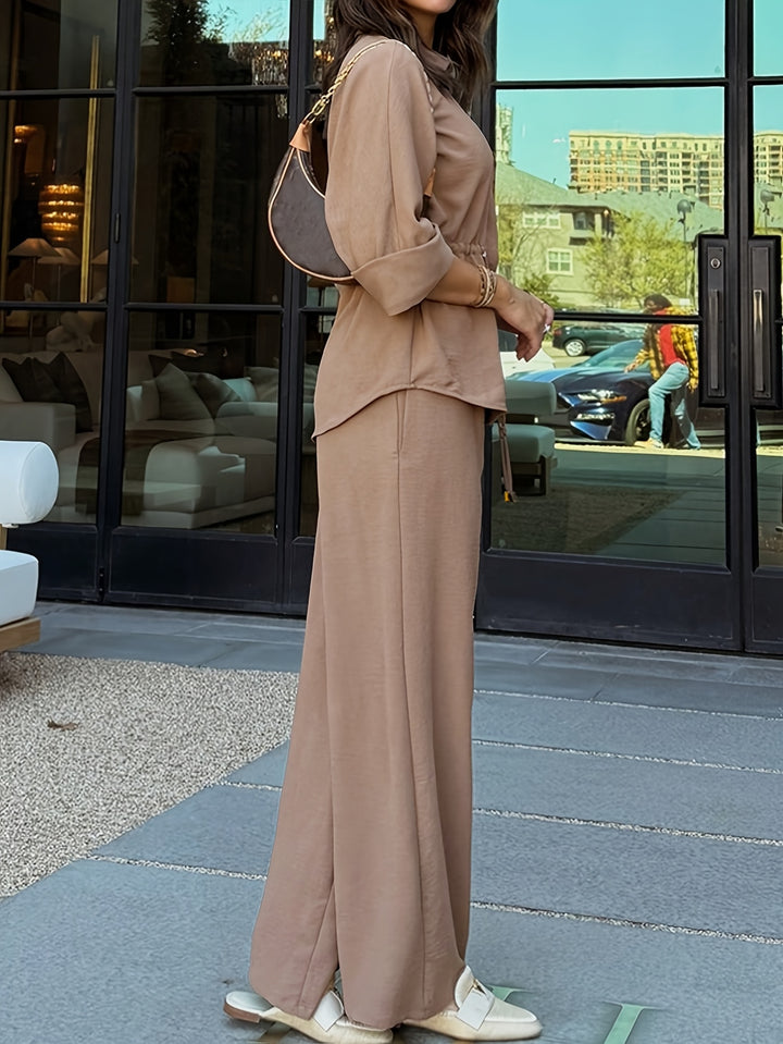 Women's Casual Button Shirt & Wide Leg Pants Set