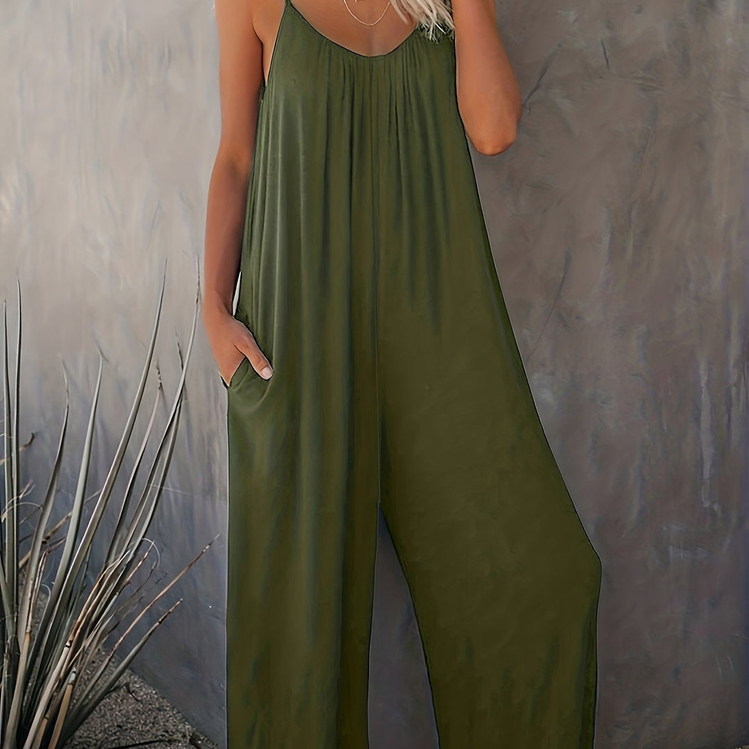 Women’s Sleeveless Jumpsuit with Pockets - Casual Polyester Knit Fabric, V-Neck
