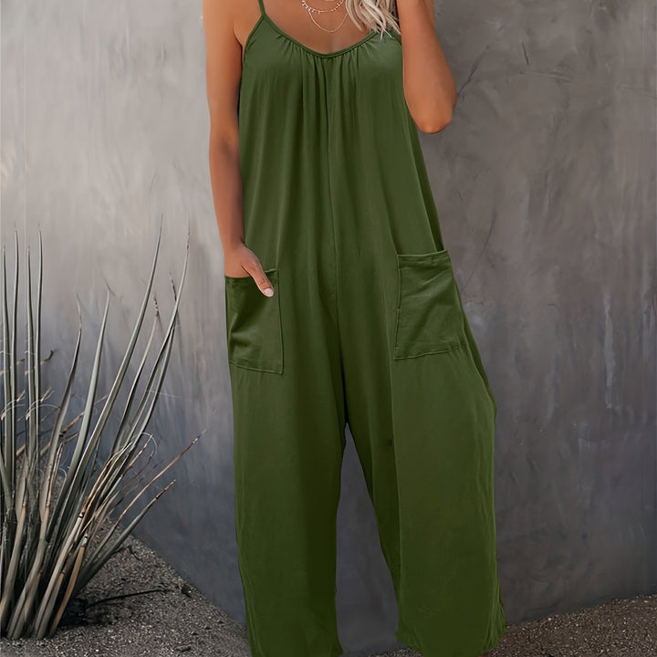 Western-Style Casual Strappy Jumpsuit with Chest Pleats and Patch Pockets