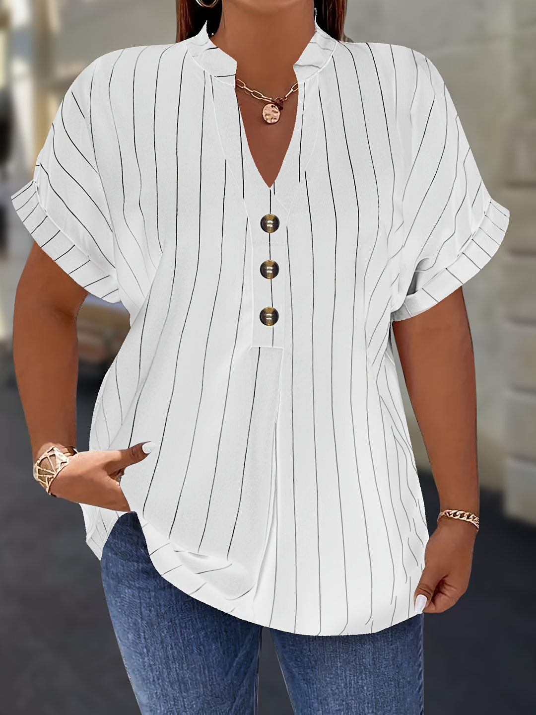 Hilda |  Striped Blouse Button Detail