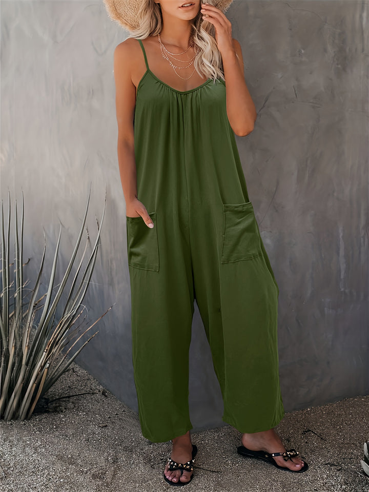 Western-Style Casual Strappy Jumpsuit with Chest Pleats and Patch Pockets