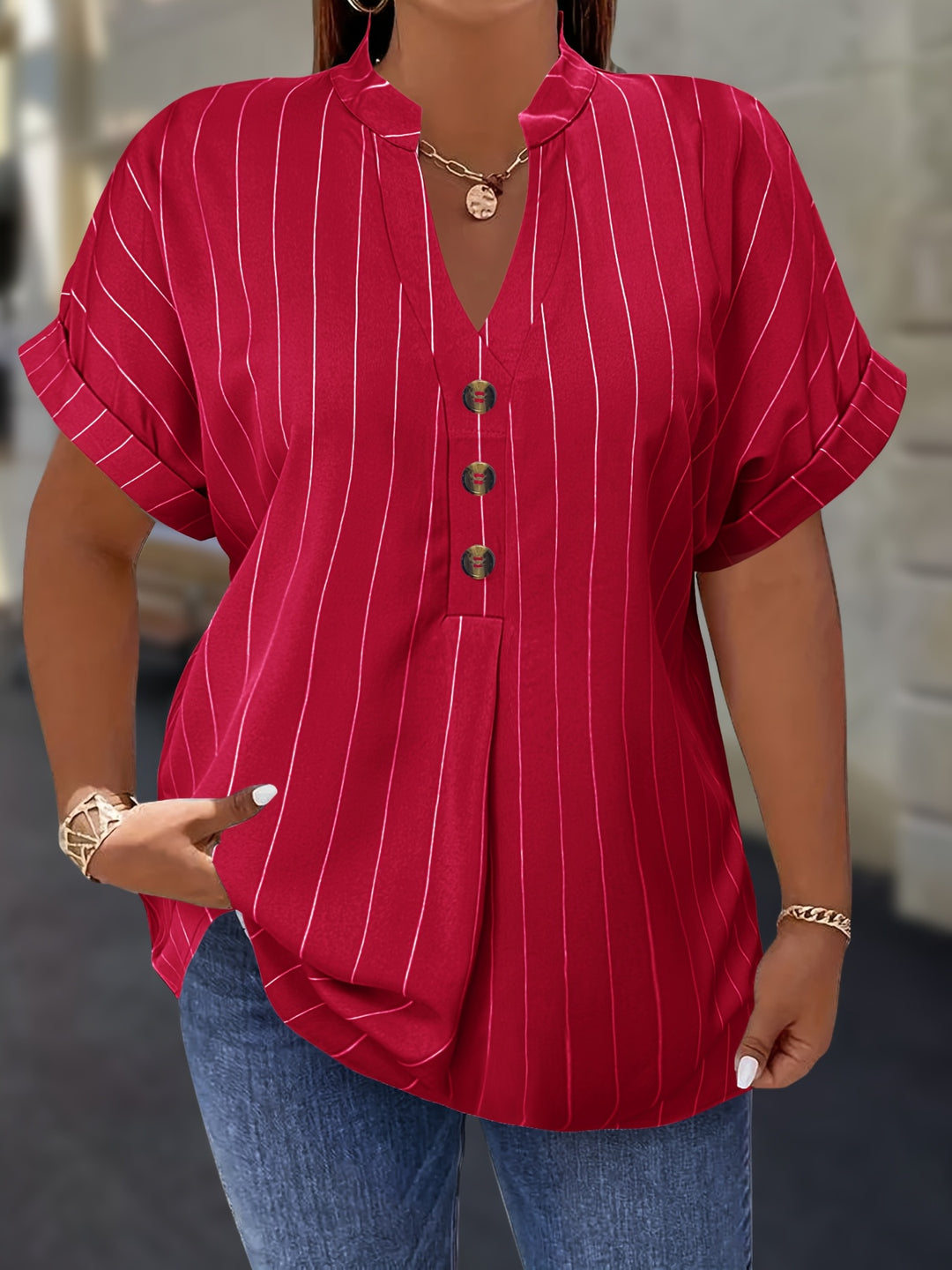 Hilda |  Striped Blouse Button Detail