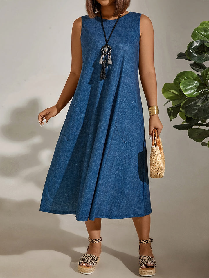 Women's Elegant Sleeveless Blue Maxi Dress with Pockets