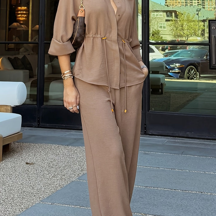 Women's Casual Button Shirt & Wide Leg Pants Set