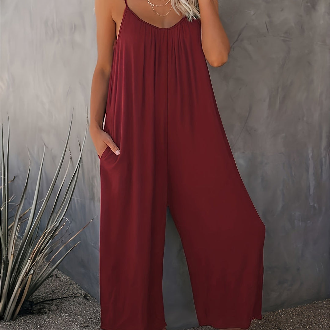 Women’s Sleeveless Jumpsuit with Pockets - Casual Polyester Knit Fabric, V-Neck