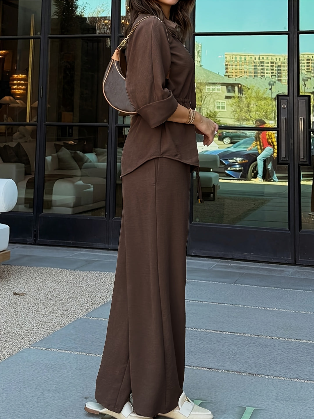 Women's Casual Button Shirt & Wide Leg Pants Set