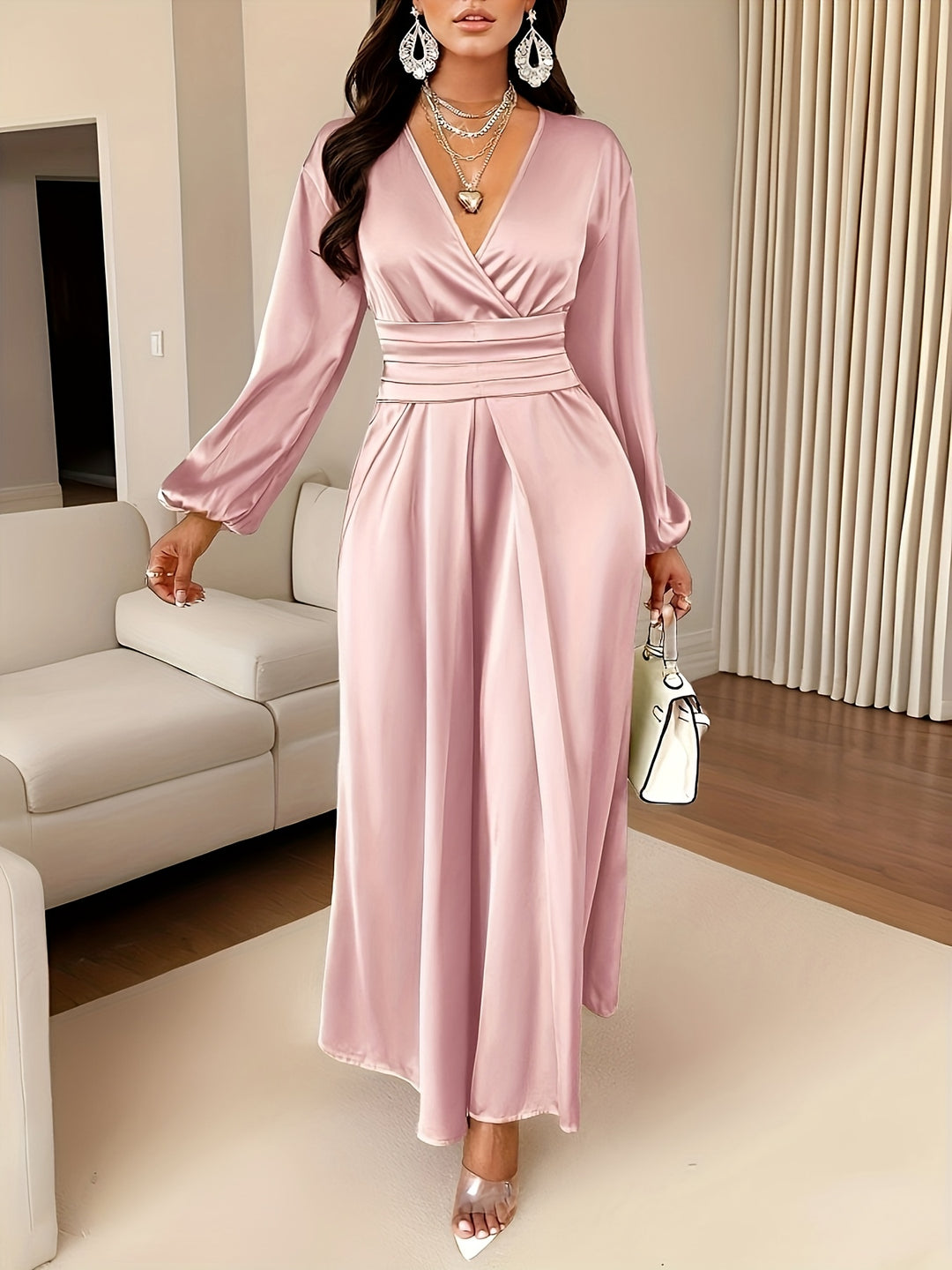 Women's Solid Color Simple Daily Satin Dress with Pleated Design