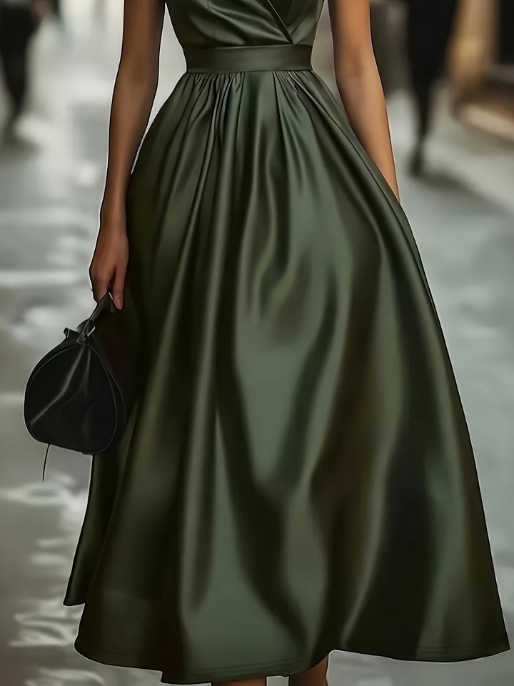 Olive Green Satin V-Neck Sleeveless A-Line Dress