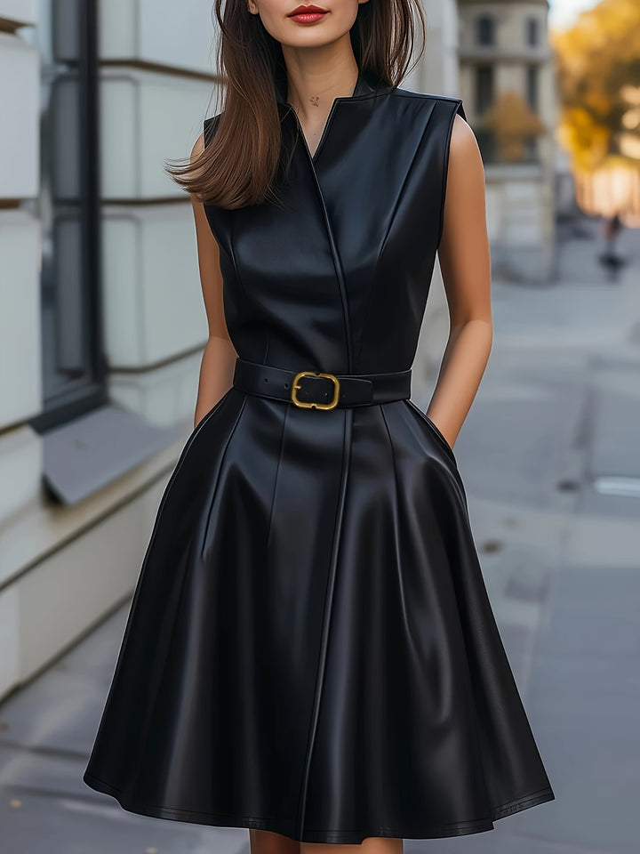 Elegant Solid Color V-Neck Waist-Cinching A-Line Dress