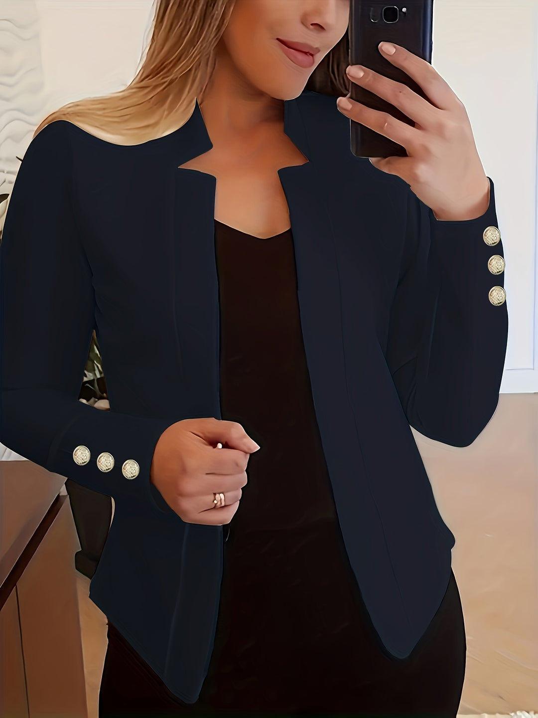 Solid Open Front Blazer - Long Sleeve Office Wear