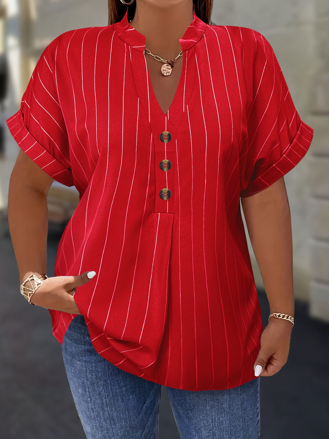 Hilda |  Striped Blouse Button Detail