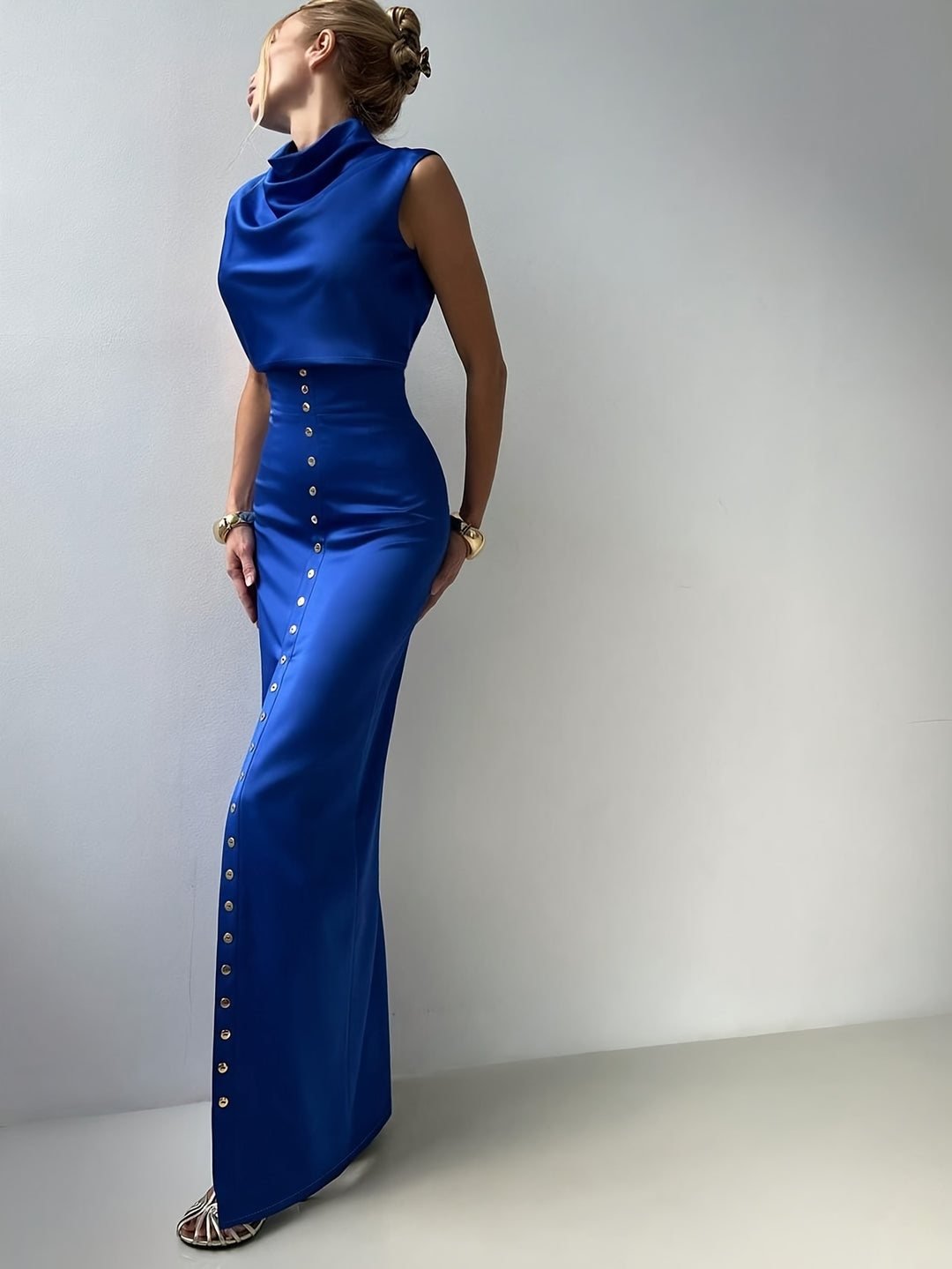 Blue Satin Ruffled Collar Dress Set with Metal Buttons
