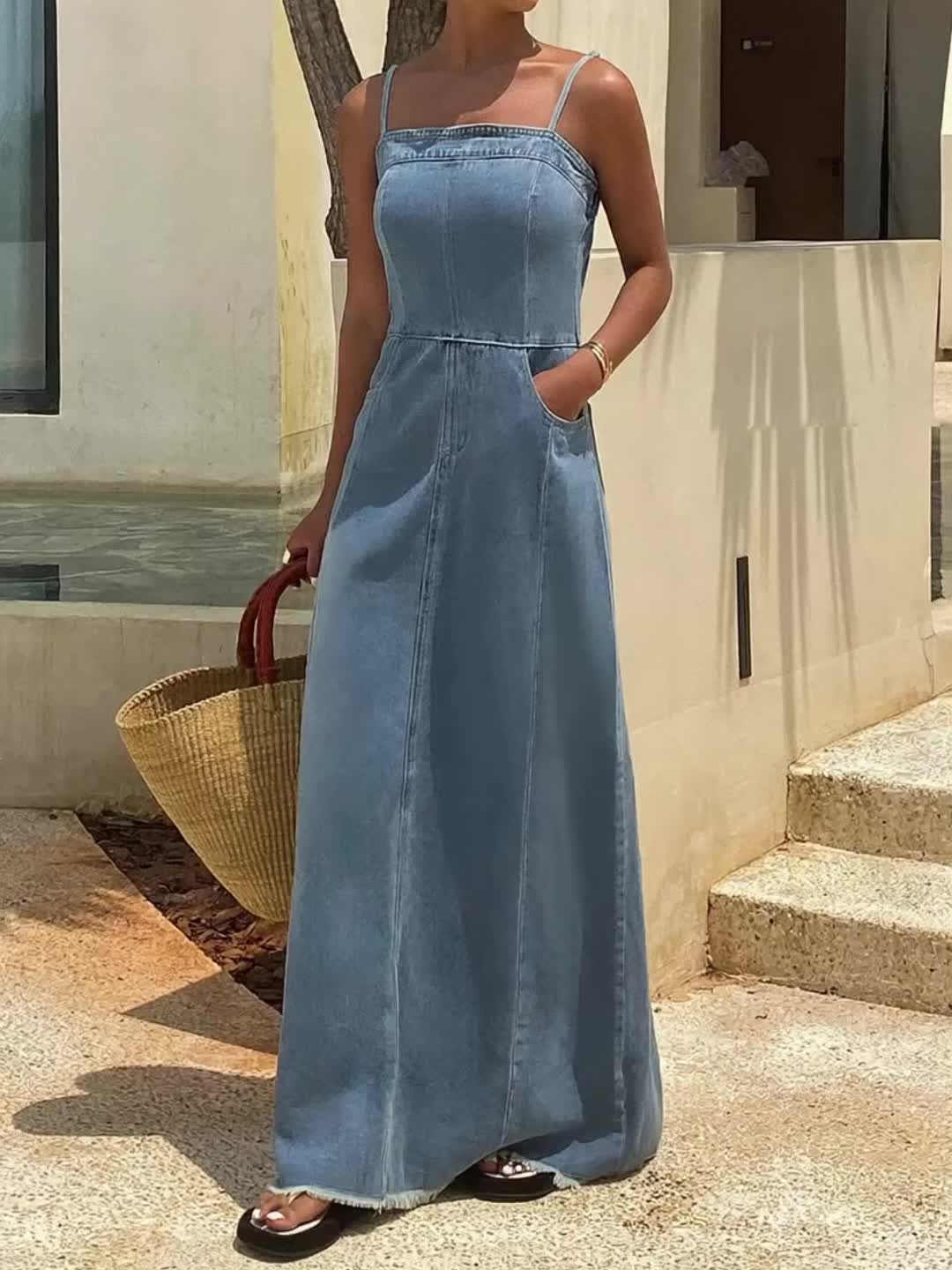 Vintage Acid Wash Denim Maxi Cami Dress