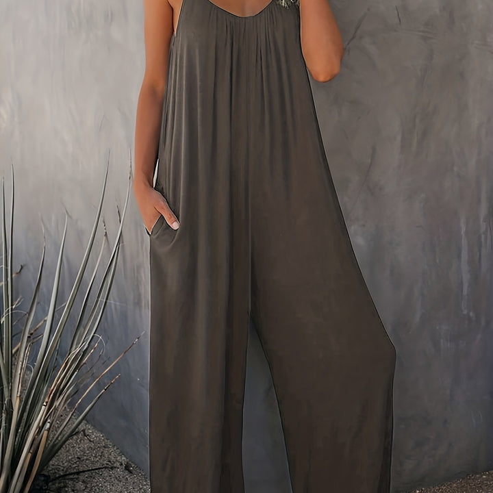 Women’s Sleeveless Jumpsuit with Pockets - Casual Polyester Knit Fabric, V-Neck