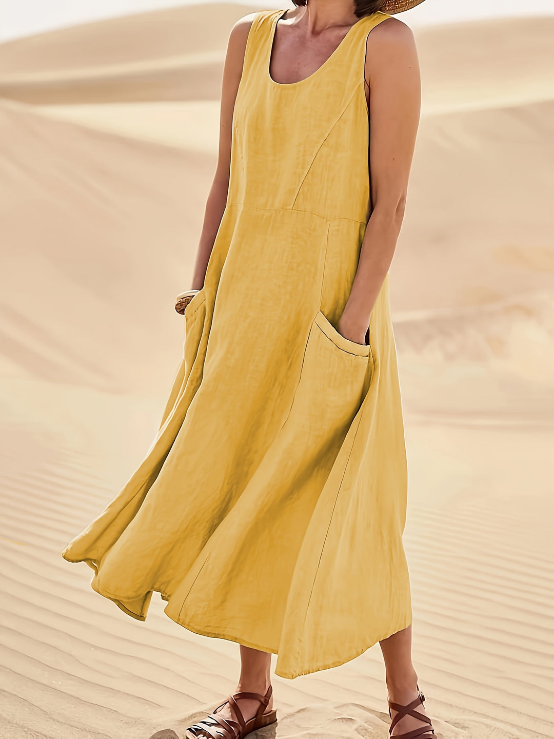 Women's Sleeveless A-Line Dress with Pockets, Mid-Length Loose Fit