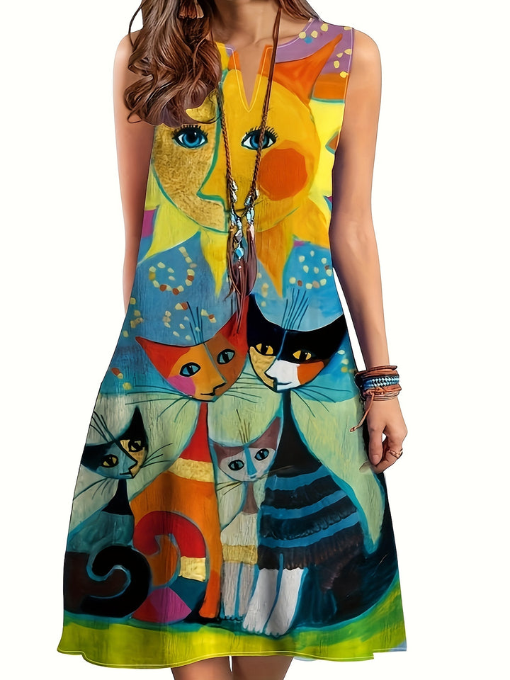 Women's V-Neck Sleeveless Printed Flared Midi Dress