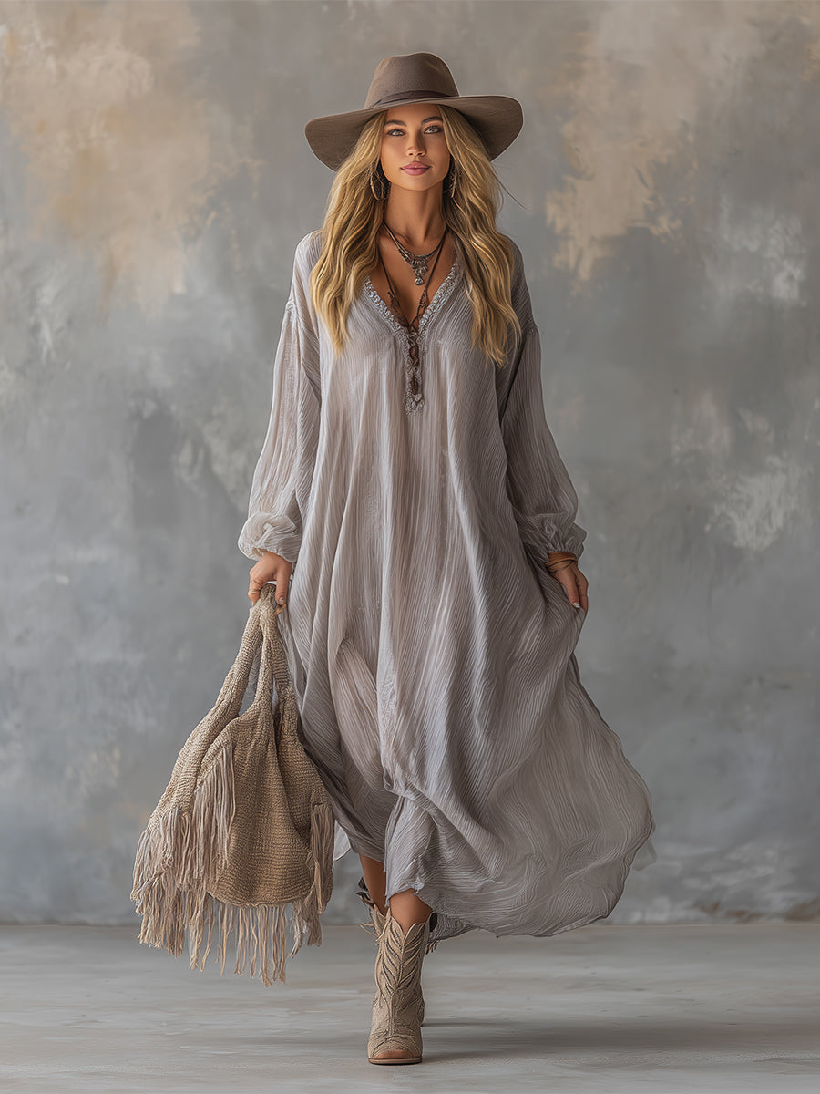 Elegant V-neck Light Gray Crinkled Chiffon Maxi Dress