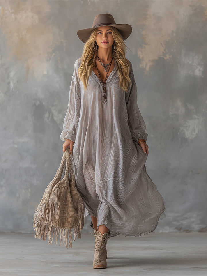 Elegant V-neck Light Gray Crinkled Chiffon Maxi Dress