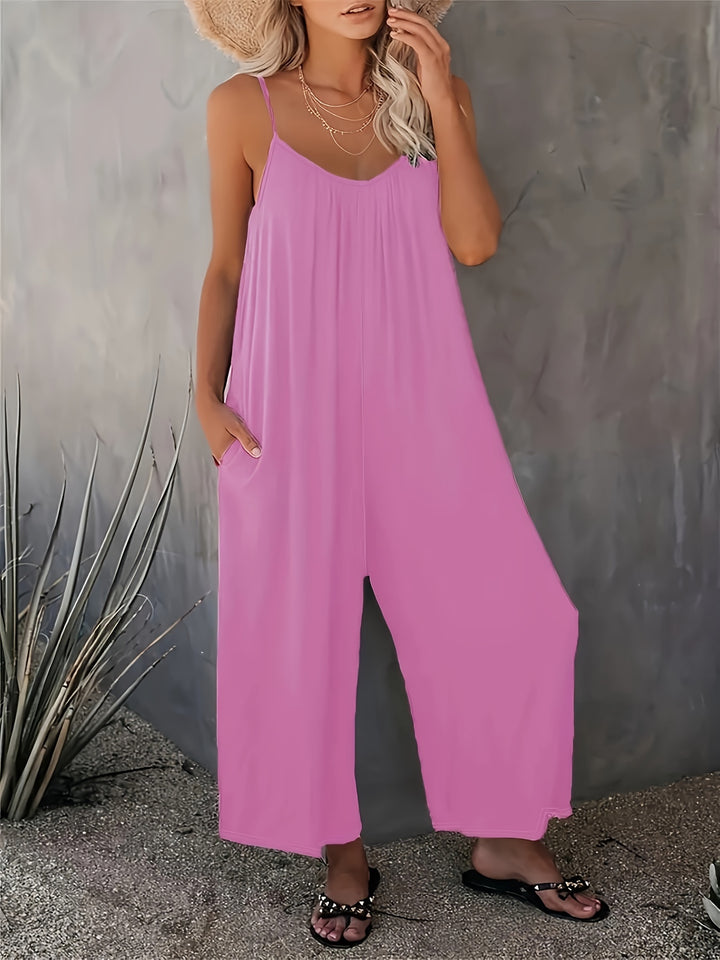 Women’s Sleeveless Jumpsuit with Pockets - Casual Polyester Knit Fabric, V-Neck