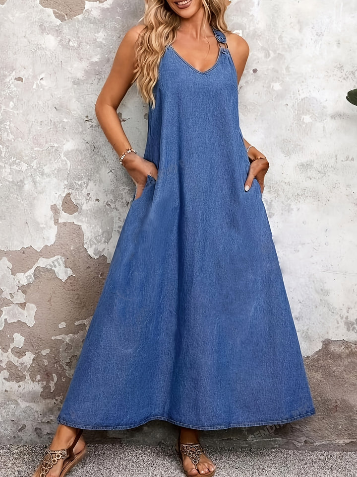 Women's Faux Denim V-Neck Long Dress