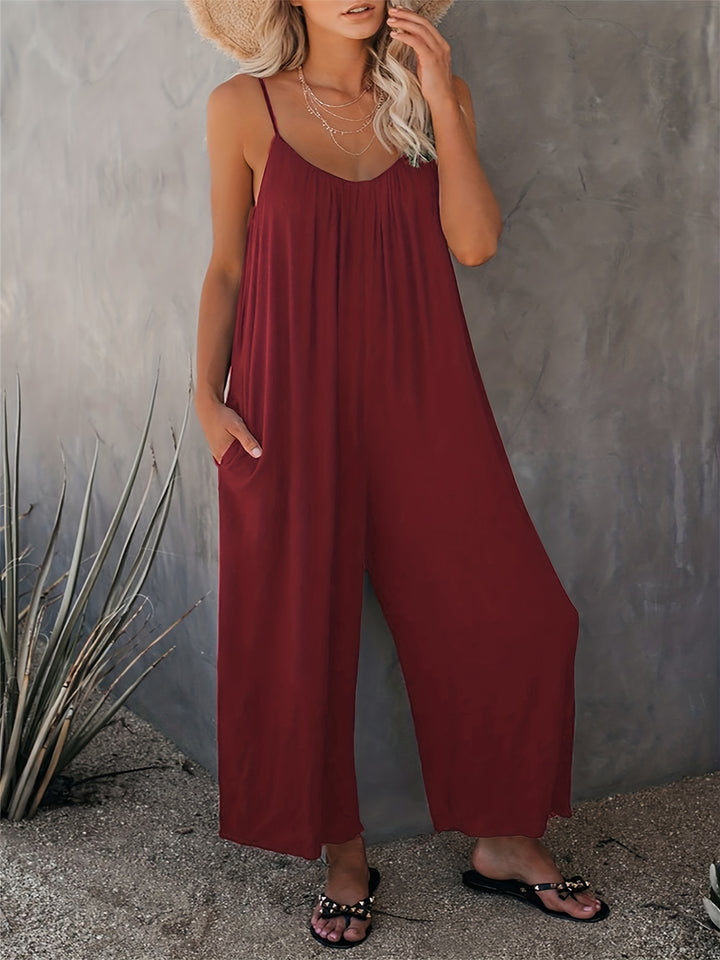 Women’s Sleeveless Jumpsuit with Pockets - Casual Polyester Knit Fabric, V-Neck