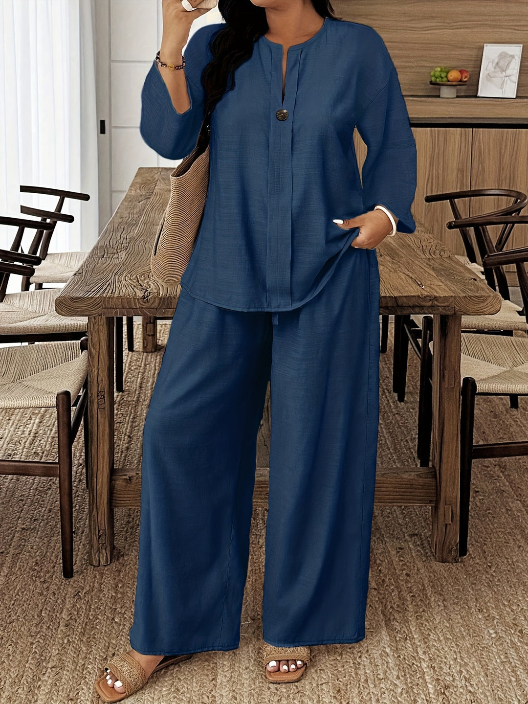 Plus Size Long Sleeve Shirt & Loose Pants Set